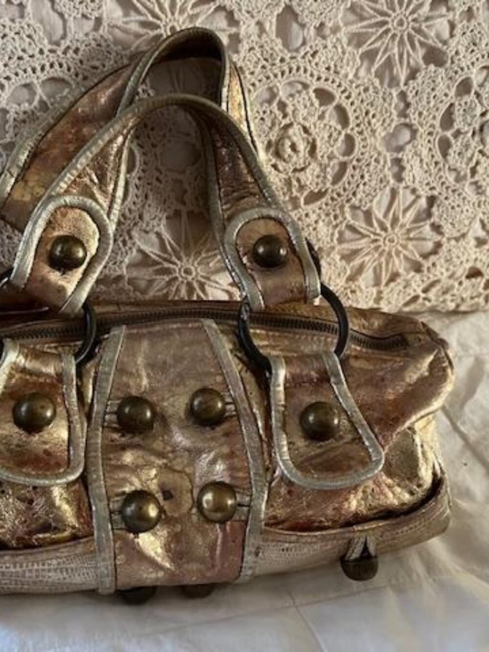 Betsy Johnson Gold Metallic Shimmering Leather Satchel Handbag w/Studs/Vintage